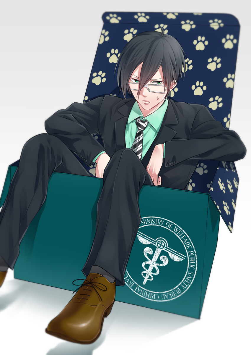 bad_id bad_pixiv_id black_hair box formal ginoza_nobuchika glasses highres in_box in_container male_focus necktie psycho-pass sitting solo suit uwabaki_(shoe_rack)