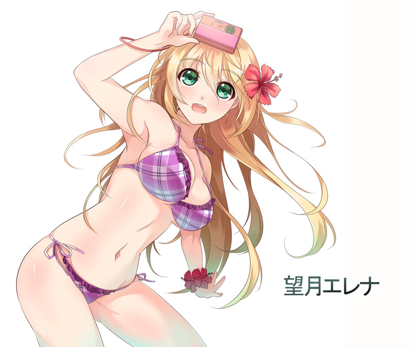 bikini blonde_hair blush body_blush breasts camera character_name cowboy_shot flower flower_bracelet frilled_bikini frills girlfriend_(kari) green_eyes hair_flower hair_ornament hibiscus highres kittika_thaworn lanyard large_breasts long_hair mochizuki_erena navel open_mouth plaid plaid_bikini shiny shiny_skin side-tie_bikini simple_background skindentation smile solo strap_gap swimsuit text_focus white_background