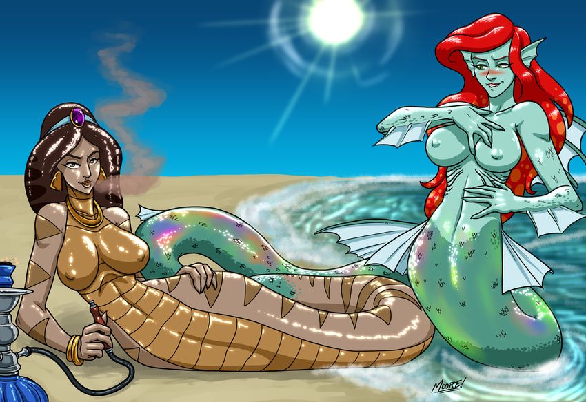 ariel beach big_breasts biting_lip blush breasts brown_eyes crossover disney doomington female hair hookah jasmine lamia mermaid no_feet red_hair seaside the_little_mermaid wide_hips