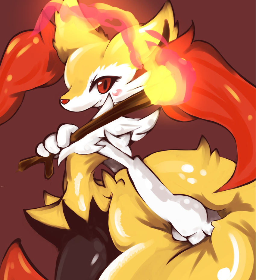 black_fur blush braixen canine fennec fire fluffy_tail fox fur looking_at_viewer mammal nintendo plain_background pok&#233;mon pok&eacute;mon red_eyes red_fur red_nose solo stick tail_grab ushioppoi video_games warm_colors white_fur wood yellow_fur