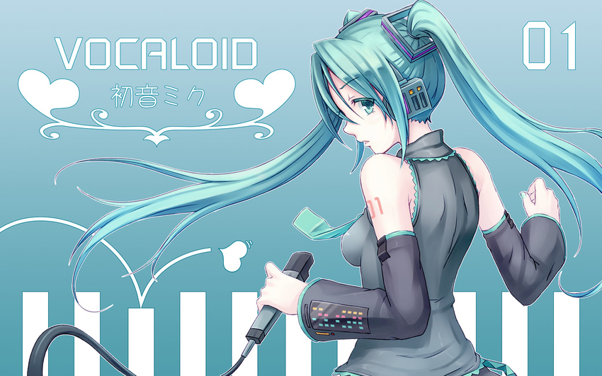 aqua_eyes aqua_hair character_name copyright_name detached_sleeves from_behind gogatsu_no_renkyuu hatsune_miku headphones highres long_hair microphone necktie solo twintails vocaloid