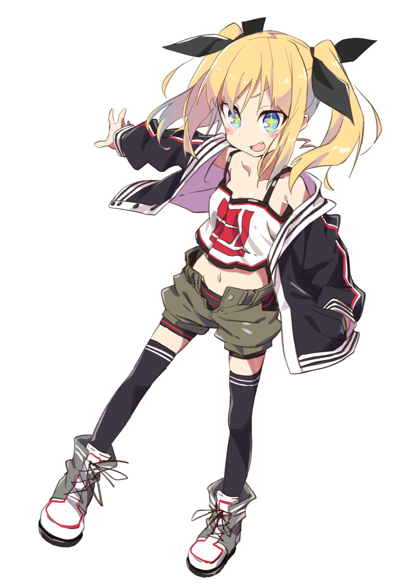 +_+ 1girl :d absurdres amaryllis_class bangs bare_shoulders black_jacket black_legwear black_ribbon black_shorts blonde_hair blush_stickers boots breasts brown_shirt camisole cross-laced_footwear eyebrows_visible_through_hair fang full_body hair_between_eyes hair_ribbon hand_in_pocket highres jacket kotohara_hinari lace-up_boots long_hair long_sleeves looking_at_viewer navel off_shoulder open_clothes open_jacket open_mouth puffy_long_sleeves puffy_sleeves ribbon shirt short_shorts shorts shorts_under_shorts sidelocks simple_background small_breasts smile solo tama_(tama-s) thighhighs twintails virtual_youtuber white_background white_camisole white_footwear
