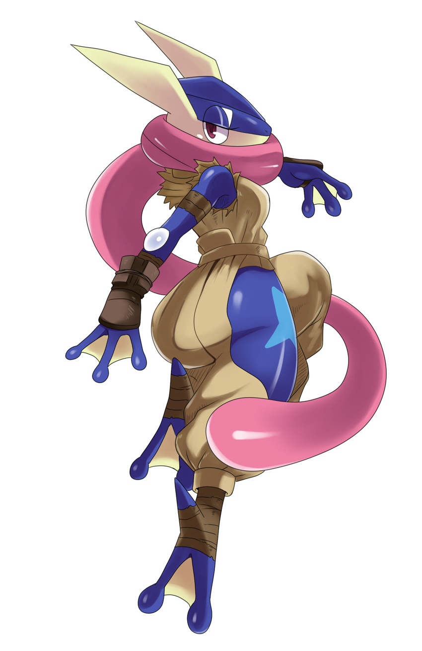 ass baggy_pants blue_skin breasts cosplay eric_lowery from_behind gen_6_pokemon greninja half-closed_eyes highres hip_vent ibuki_(street_fighter) ibuki_(street_fighter)_(cosplay) long_tongue medium_breasts ninja no_humans pants pokemon pokemon_(creature) red_eyes solo street_fighter tongue webbed_feet webbed_hands white_background