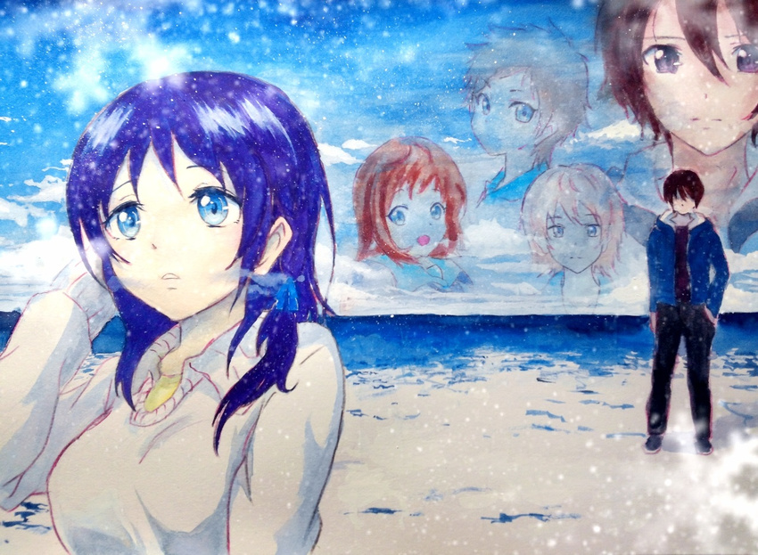 3boys bad_id bad_pixiv_id black_hair blonde_hair blue_eyes blue_hair brown_hair day hiradaira_chisaki isaki_kaname kihara_tsumugu mukaido_manaka multiple_boys multiple_girls nagi_no_asukara ocean red_hair sakishima_hikari sky takeashiro