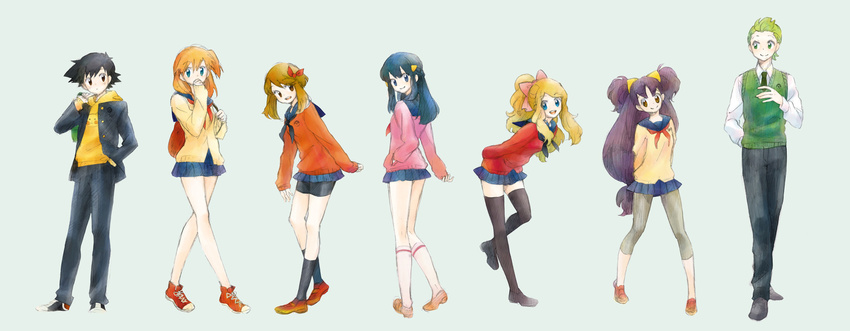 5girls :d arms_behind_back backpack bag black_hair black_legwear blonde_hair blue_eyes blue_hair bow brown_eyes brown_hair coat covering_mouth dent_(pokemon) gen_1_pokemon green_eyes green_hair hair_bow hair_ornament hand_in_pocket hand_over_own_mouth haruka_(pokemon) highres hikari_(pokemon) hood hoodie iris_(pokemon) jacket kasumi_(pokemon) leggings long_hair low-tied_long_hair miniskirt multiple_boys multiple_girls necktie open_mouth orange_hair pikachu pleated_skirt pokemon pokemon_(anime) pokemon_(classic_anime) pokemon_(creature) pokemon_ag pokemon_bw_(anime) pokemon_dp_(anime) pokemon_xy_(anime) ponytail purple_hair sailor_collar satoshi_(pokemon) school_uniform serena_(pokemon) short_hair side_ponytail simple_background sketch skirt smile sweater sweater_vest thighhighs very_long_hair white_legwear yoichi_(119-41)