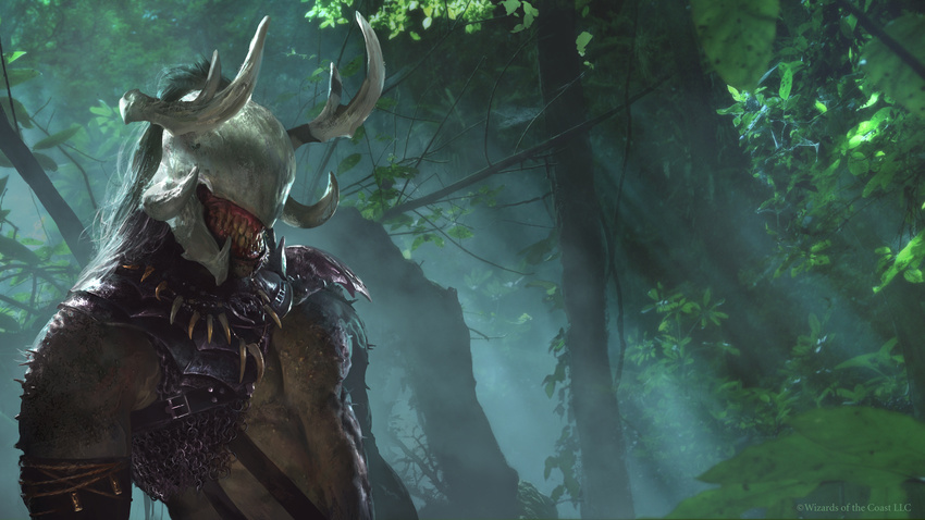 ambiguous_gender armor belt cryptcrawler demon detailed_background eyeless forest grey_hair hair horn long_hair male minotaur monster necklace rope solo spikes teeth tree