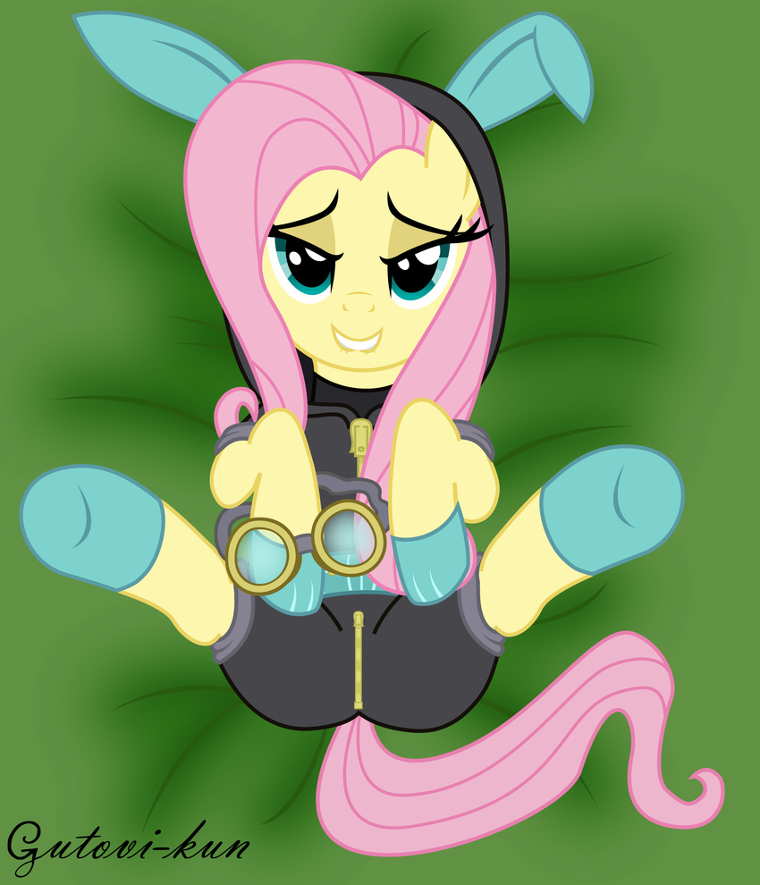 bodysuit clothing equine female feral fluttershy_(mlp) friendship_is_magic fur gutovi-kun hair horse legwear long_hair looking_at_viewer lying mammal my_little_pony on_back open_mouth pegasus pink_hair pony rabbit_ears seductive skinsuit smile solo stockings wings yellow_fur