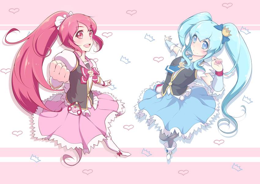 absurdres aino_megumi blue_eyes blue_hair blue_skirt boots bow brooch crown cure_lovely cure_princess full_body happinesscharge_precure! highres jewelry long_hair magical_girl mini_crown multiple_girls pantyhose pink_bow pink_eyes pink_hair pink_skirt ponytail precure puffy_sleeves ribbon senba_hikari shirayuki_hime shoes skirt smile twintails wide_ponytail wrist_cuffs