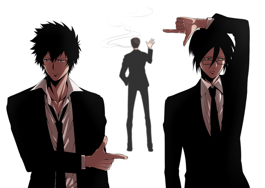 bad_id bad_pixiv_id black_hair blurry brown_hair depth_of_field formal ginoza_nobuchika highres kougami_shin'ya male_focus multiple_boys pointing psycho-pass sasayama_mitsuru suit uwabaki_(shoe_rack)