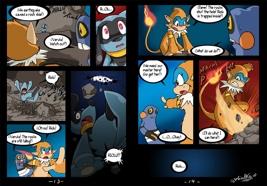 cave comic croagunk darkness english_text falling feral fire hand hole monferno nintendo open_mouth paws pointing pok&#233;mon pok&eacute;mon punch red_eyes riolu rock scared sweat text video_games