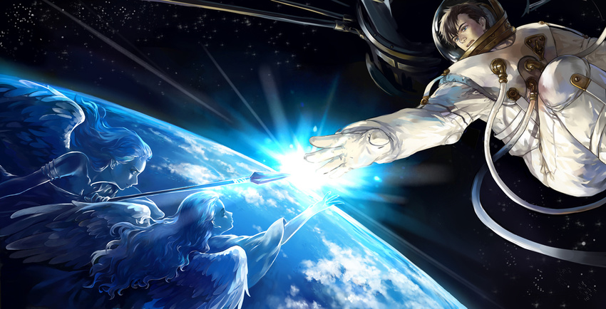 2girls angel astronaut blue_eyes brown_hair cloud earth epic fantasy fatlulu_(1008) fine_art_parody gloves good_end helmet honneamise_no_tsubasa horizon lens_flare long_hair multiple_girls ocean orbit parody polearm reaching_out realistic science_fiction shirotsugh_lhadatt space space_craft spacesuit spear star_(sky) sunrise the_creation_of_adam tube tunic weapon wings