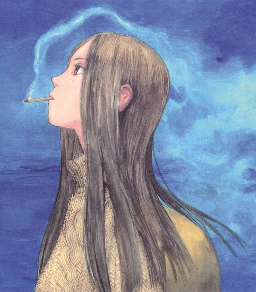 brown_eyes brown_hair cigarette emanon_(character) freckles highres long_hair memories_of_emanon profile smoking solo traditional_media tsuruta_kenji