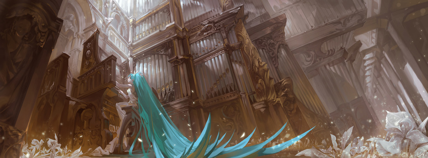 absurdly_long_hair alcd aqua_eyes aqua_hair arch bare_arms bare_shoulders breasts church dress dutch_angle floor flower from_below from_side gown hair_ornament hatsune_miku highres indoors instrument long_dress long_hair medium_breasts music organ pipe_organ playing_instrument profile railing sitting small_breasts solo statue stool very_long_hair vocaloid white_dress white_flower