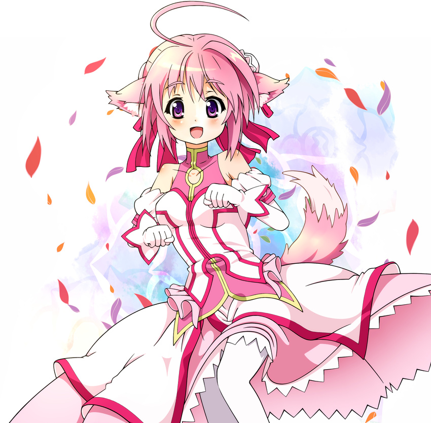 absurdres ahoge animal_ears aps_(alice-momizi) blush breasts dog_days dog_ears dog_girl dog_tail highres medium_breasts millhiore_f_biscotti open_mouth pantyhose pink_hair purple_eyes solo tail tail_raised white_background