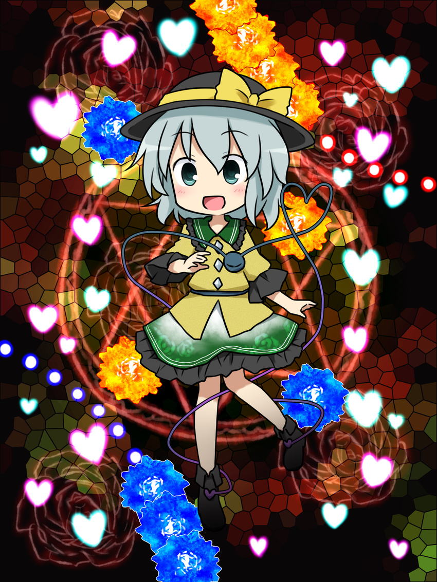 blouse bullet chibi danmaku flower frilled_skirt frills green_eyes grey_hair happy hat hat_ribbon heart heart_of_string highres komeiji_koishi magic_circle mosaic_background no_nose open_mouth patterned ribbon shoes short_hair skirt smile solo sun_hat third_eye touhou yamabuki_(yusuraume)