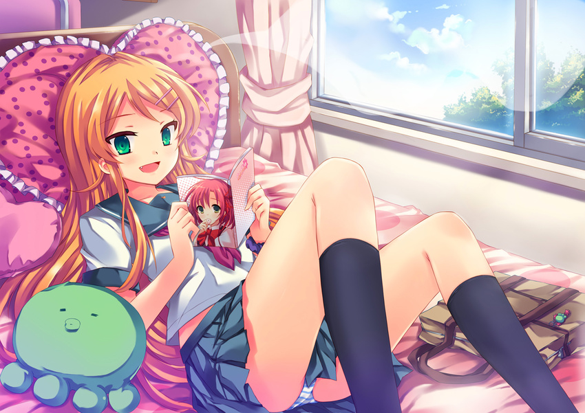 ass bad_id bad_pixiv_id blush fang frilled_pillow frills green_eyes hair_ornament hairclip heart kousaka_kirino long_hair lying on_back open_mouth orange_hair ore_no_imouto_ga_konna_ni_kawaii_wake_ga_nai panties peach_(momozen) pillow pleated_skirt school_uniform serafuku skirt solo striped striped_panties underwear