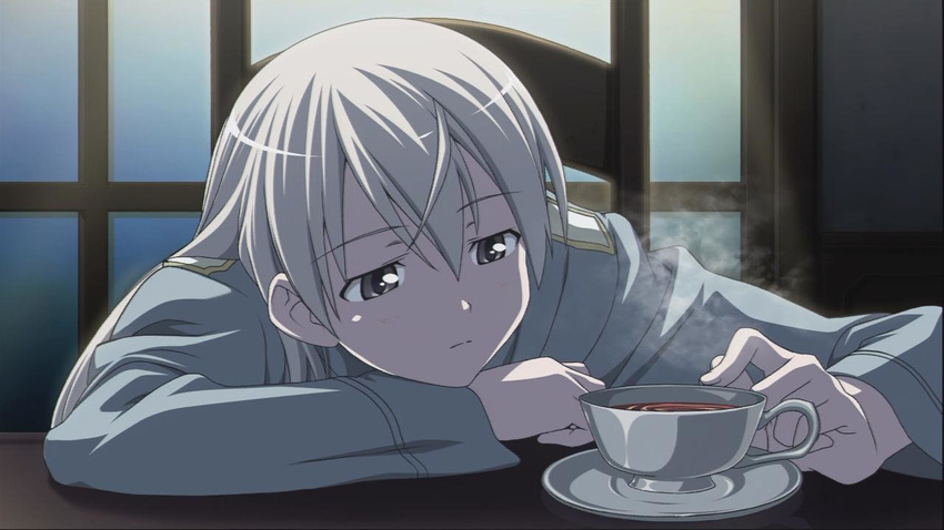 artist_request chair closed_mouth cup eila_ilmatar_juutilainen expressionless game_cg head_tilt indoors light_frown long_hair long_sleeves looking_away night plate saucer silver_eyes silver_hair sitting solo steam strike_witches table tea teacup upper_body world_witches_series