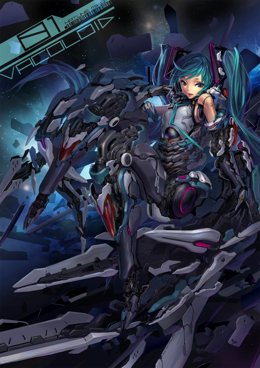 android aqua_eyes aqua_hair bad_id bad_pixiv_id green_eyes green_hair hair_ornament hatsune_miku highres long_hair mechanical robot_joints solo space twintails vocaloid wayjilam wings