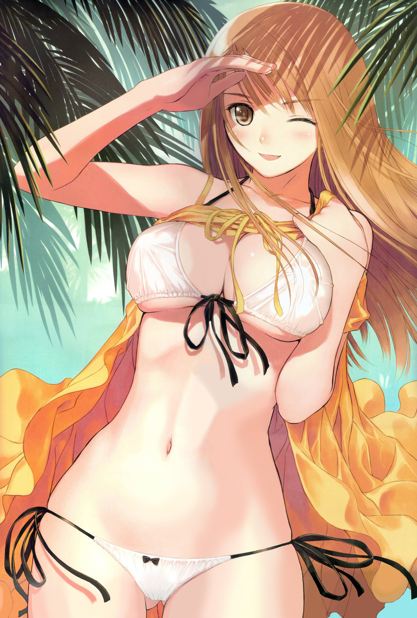 bikini bikini_under_clothes blush breasts brown_eyes brown_hair cleavage day dress dress_lift front-tie_top highres large_breasts long_hair lowleg lowleg_bikini nature navel non-web_source one_eye_closed original outdoors palm_tree ribbon shading_eyes side-tie_bikini smile solo swimsuit swimsuit_under_clothes tanaka_takayuki tree underboob white_bikini wind