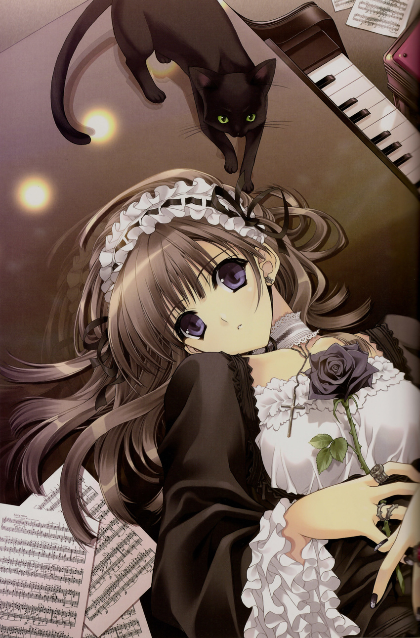 absurdres bass_clef beamed_eighth_notes black_nails brown_hair cat choker copyright_request dotted_half_note flat_sign flower frills gathers gothic_lolita grand_piano half_note headdress highres instrument jewelry lace light_particles lolita_fashion long_hair musical_note nail_art nail_polish natural_sign piano quarter_note quarter_rest ring rose sheet_music solo staccato suzuhira_hiro treble_clef