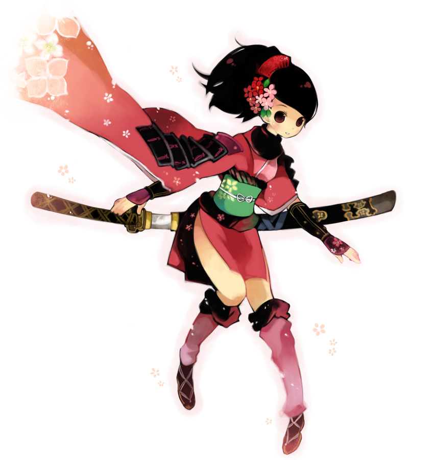 armor bad_id bad_pixiv_id black_hair blush brown_eyes cherry_blossoms comb floral_print flower gauntlets hair_flower hair_ornament highres japanese_armor japanese_clothes katana kimono kneehighs kote kurokote momohime oboro_muramasa samurai sandals sheath short_kimono shoulder_armor smile socks sode solo sumisu_(rinsumi) sword unsheathing weapon