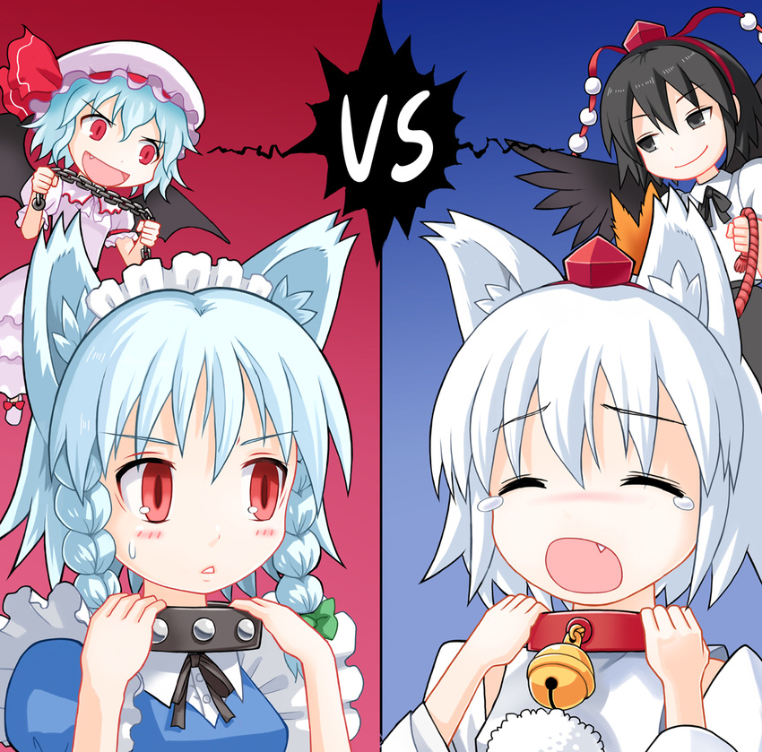 :&lt; :d animal_ears bad_id bad_pixiv_id bell bell_collar chain collar competition dog_ears hat inubashiri_momiji izayoi_sakuya kemonomimi_mode leash multiple_girls open_mouth remilia_scarlet shameimaru_aya smile tears touhou v-shaped_eyebrows vs wolf_ears yuugiri