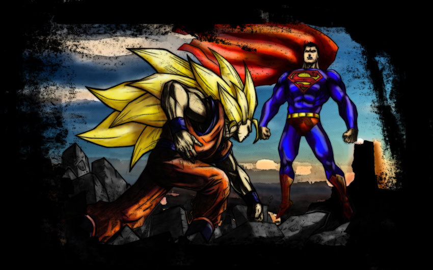 comic_style crossover dc_comics dragon_ball dragonball epic highres son_goku son_gokuu super_saiyan_3 superman wallpaper