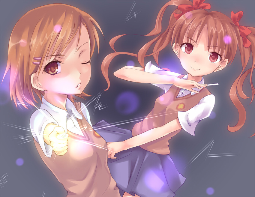 bad_anatomy bad_id bad_perspective bad_pixiv_id biribiri brown_eyes brown_hair electricity face foreshortening kyuri long_hair misaka_mikoto multiple_girls nail school_uniform shirai_kuroko short_hair sweater_vest to_aru_kagaku_no_railgun to_aru_majutsu_no_index twintails