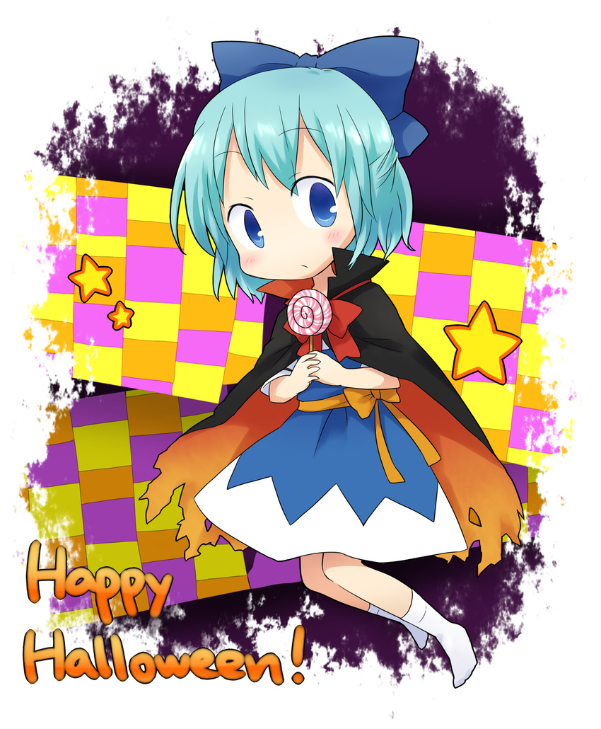 blue_hair blush bow candy cape chibi cirno dress food hair_bow halloween happy_halloween highres lollipop neck_ribbon ribbon short_hair socks solo star touhou yamabuki_(yusuraume)