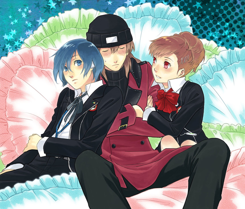 2boys aragaki_shinjirou beanie blush female_protagonist_(persona_3) hat headphones ipcen multiple_boys persona persona_3 persona_3_portable pillow school_uniform yuuki_makoto