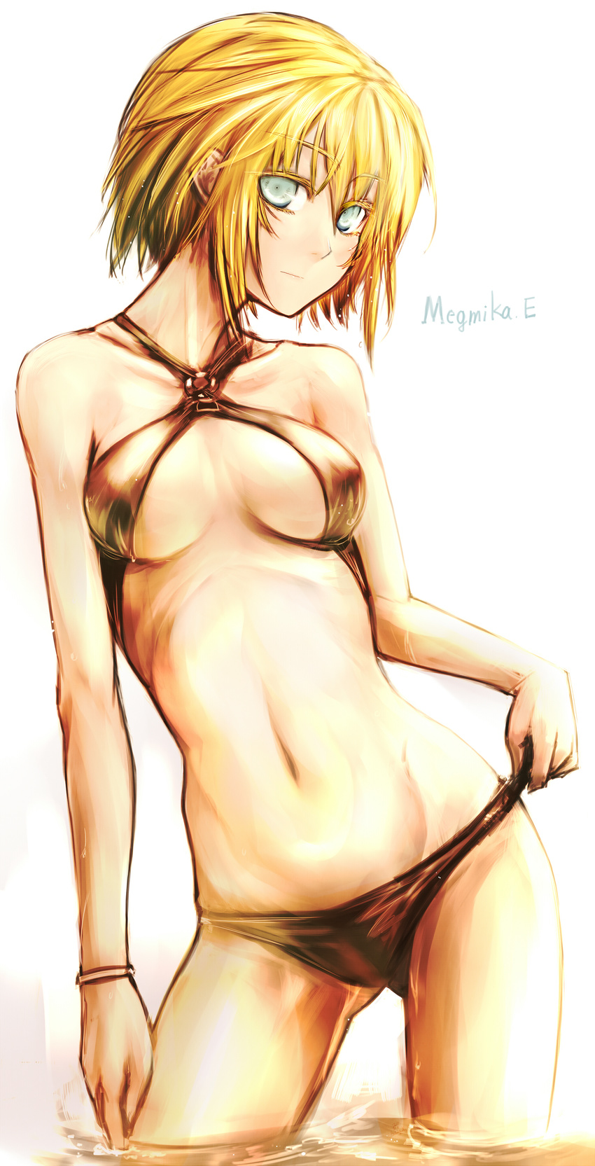 absurdres ass_visible_through_thighs bikini blonde_hair blue_eyes bracelet breasts closed_mouth contrapposto eyebrows_visible_through_hair highres jewelry kotoba_noriaki legs_apart looking_at_viewer medium_breasts navel original revision short_hair simple_background solo standing swimsuit wading water white_background