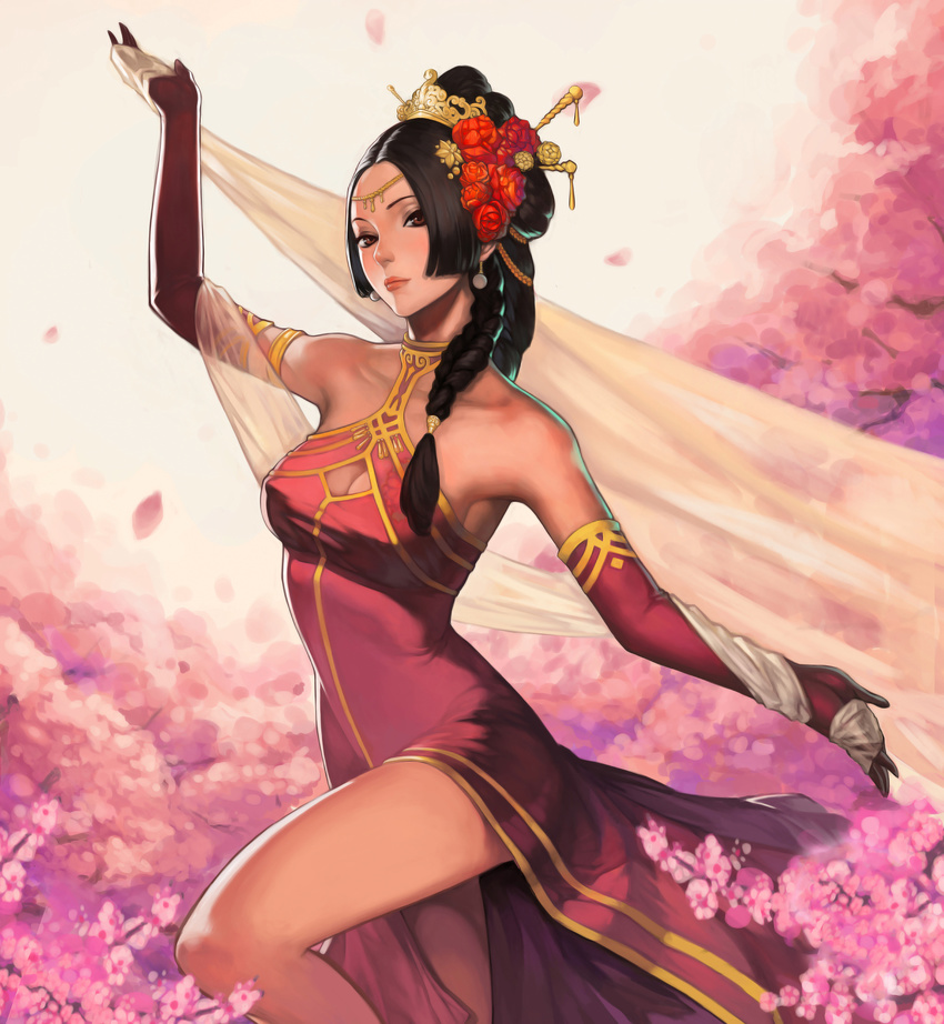 absurdres artist_request bare_shoulders black_hair braid breasts brown_eyes character_request cherry_blossoms copyright_request dress earrings elbow_gloves flower gloves hair_flower hair_ornament hair_stick highres jewelry looking_at_viewer medium_breasts rose shawl solo tiara