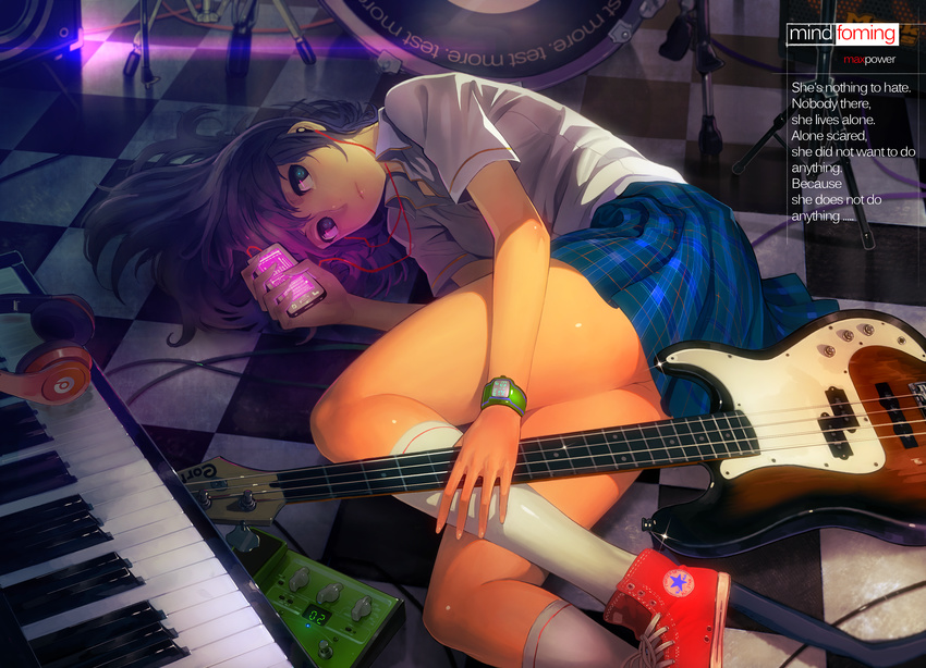 absurdres bad_id bad_pixiv_id bass_guitar beats_by_dr._dre black_eyes black_hair checkered checkered_floor converse digital_media_player drum earbuds earphones english headphones highres instrument keyboard_(instrument) kneehighs ladic long_hair lying on_side original revision school_uniform shiny shiny_skin shoes skirt sneakers solo watch