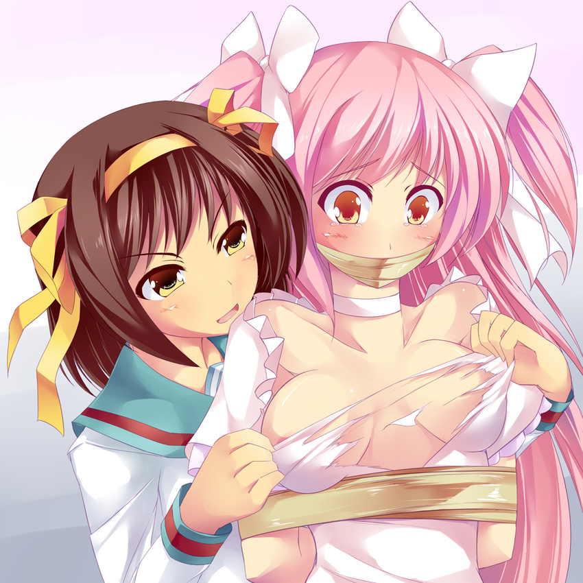 bdsm bondage bound bow breasts brown_eyes brown_hair choker crossover gag gagged hair_bow hair_ribbon highres imminent_rape improvised_gag kaname_madoka long_hair looking_at_another looking_down mahou_shoujo_madoka_magica maullarmaullar medium_breasts multiple_girls pink_eyes pink_hair power_connection revision ribbon spoilers suzumiya_haruhi suzumiya_haruhi_no_yuuutsu tape tape_gag tearing_clothes tears torn_clothes ultimate_madoka yuri