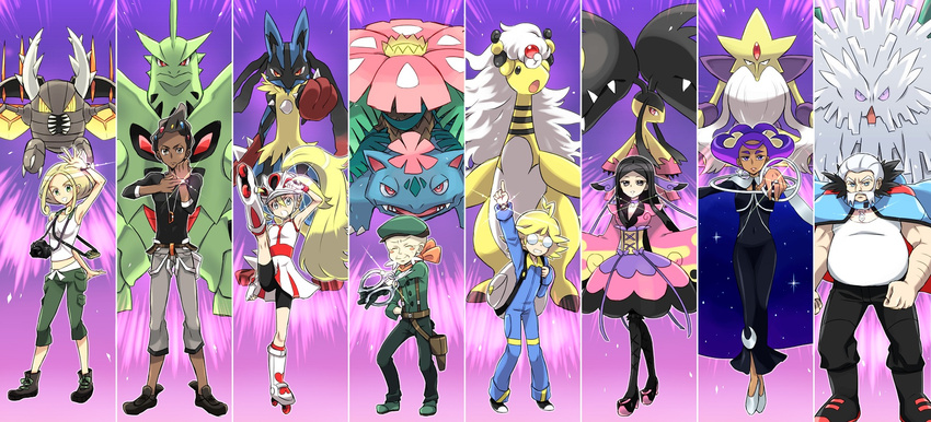 4girls abomasnow alakazam ampharos backpack bag beard bicycle_helmet bike_shorts black_hair blonde_hair camera citron_(pokemon) dark_skin facial_hair fingerless_gloves fukuji_(pokemon) furisode gen_1_pokemon gen_2_pokemon gen_3_pokemon gen_4_pokemon glasses gloves gojika_(pokemon) gym_leader hair_ornament helmet highres japanese_clothes kimono koruni_(pokemon) long_hair long_sleeves looking_at_viewer lucario mache_(pokemon) mawile mega_abomasnow mega_alakazam mega_ampharos mega_lucario mega_mawile mega_pinsir mega_pokemon mega_tyranitar mega_venusaur multiple_boys multiple_girls open_mouth pinsir pokemon pokemon_(creature) pokemon_(game) pokemon_xy ponytail roller_skates scissors short_hair skates skin_tight skirt smile soumendaze two_side_up tyranitar urup_(pokemon) viola_(pokemon) white_hair zakuro_(pokemon)