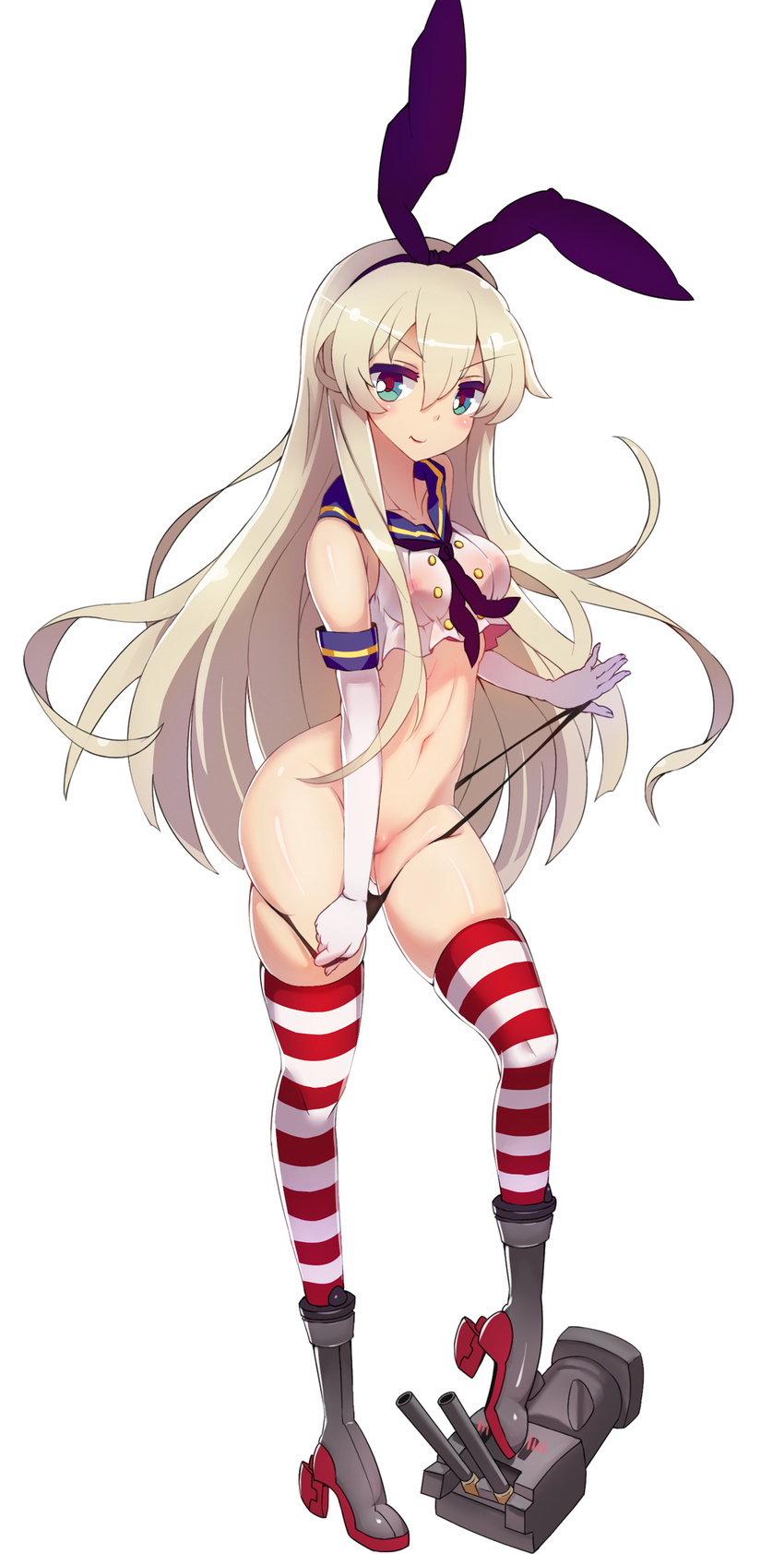 absurdres bare_shoulders black_panties blonde_hair blush breasts elbow_gloves gloves green_eyes groin hair_ribbon highres kantai_collection lifted_by_self long_hair looking_at_viewer medium_breasts navel panties panty_lift panty_pull parted_lips pulled_by_self pussy_peek qin rensouhou-chan revision ribbon sailor_collar see-through shimakaze_(kantai_collection) simple_background skindentation solo striped striped_legwear thighhighs underwear white_background white_gloves