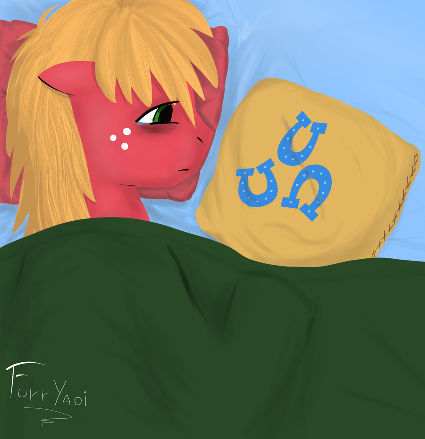 bigmac blanket blonde_hair caramel equine freckles friendship_is_magic fur furryaoi green_eyes hair horse in_bed male mammal my_little_pony pillow pony red_fur sad tears