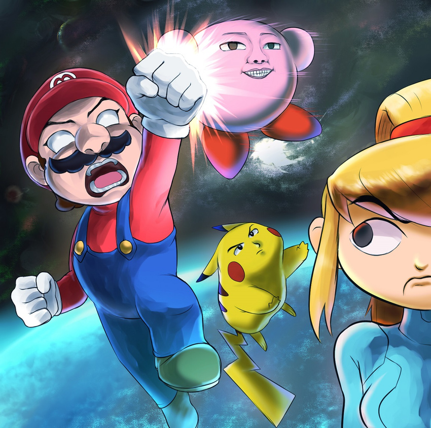 1girl 3boys angry battle blonde_hair company_connection empty_eyes facial_hair formal hat jumping kirby kirby_(series) mario mario_(series) metroid multiple_boys mustache nintendo open_mouth pokemon samus_aran small_breasts space suit super_mario_bros. super_smash_bros. teeth tongue turizao zero_suit