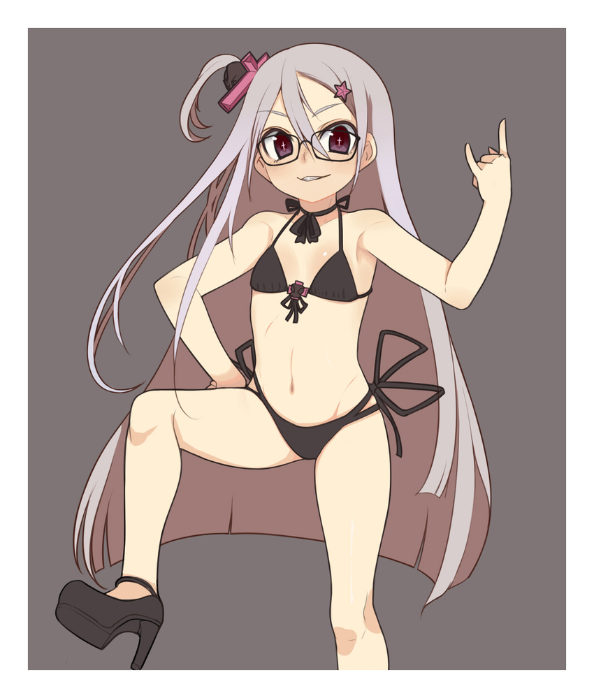 \m/ bare_shoulders bikini black_bikini cross flat_chest front-tie_top glasses grey_hair hair_ornament high_heels highres long_hair looking_at_viewer navel one_side_up original oza_watto purple_eyes side-tie_bikini smile solo swimsuit symbol-shaped_pupils very_long_hair