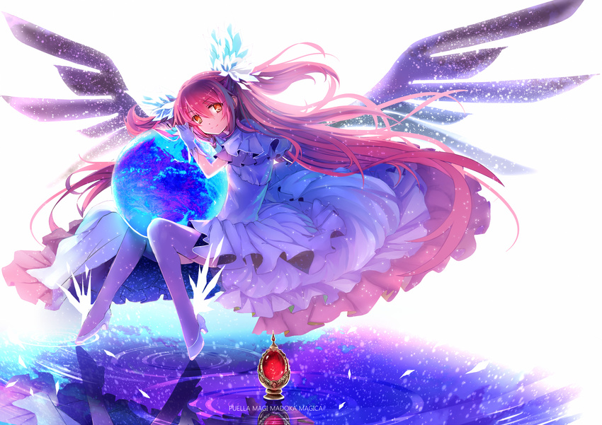 bow copyright_name dress earth gloves goddess hair_bow highres kaname_madoka karlwolf long_hair magical_girl mahou_shoujo_madoka_magica pink_hair revision solo soul_gem spoilers two_side_up ultimate_madoka wings yellow_eyes