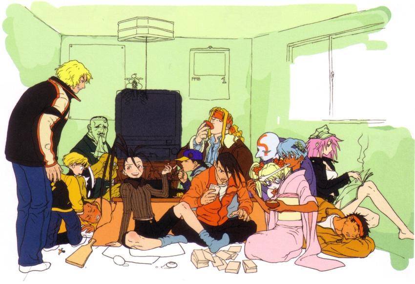 4girls 6+boys albino alex_(street_fighter) alternate_costume barefoot black_hair blonde_hair blush bomber_jacket brown_hair card casual cigarette dark_skin dudley eating effie elena_(street_fighter) eyeliner facial_hair food group_picture hat headband high_ponytail highres ibuki_(street_fighter) jacket japanese_clothes ken_masters kimono kotatsu leather leather_jacket makeup mel_masters mochi multiple_boys multiple_girls mustache necro_(street_fighter) new_year nishimura_kinu obi oro_(street_fighter) partially_colored peaked_cap playing_games poison_(final_fight) reading ryuu_(street_fighter) sash sean_matsuda shorts silver_hair sleeping smoking socks spiked_hair street_fighter street_fighter_iii_(series) table twintails wagashi wide_sleeves yang_lee yun_lee