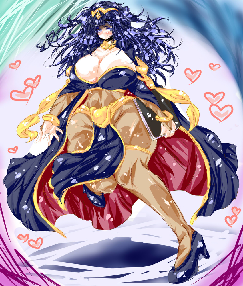 axel_zero bad_id bad_pixiv_id black_hair blue_eyes blush bodysuit breasts cape cleavage detached_collar fire_emblem fire_emblem:_kakusei heart high_heels highres huge_breasts loincloth messy_hair pigeon-toed solo tharja thick_thighs thighs two_side_up wide_hips
