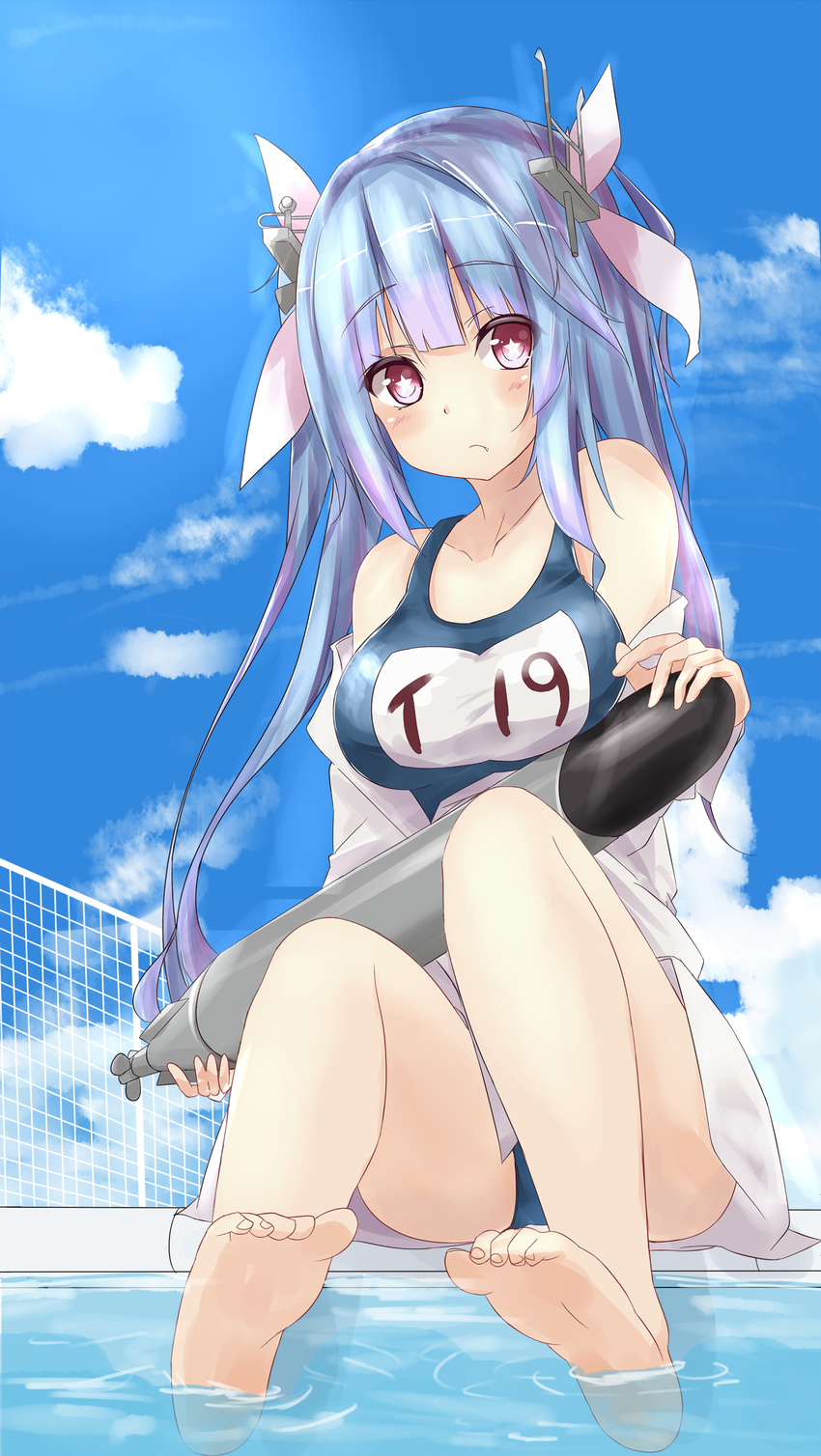 absurdres bad_feet bare_legs bare_shoulders barefoot blue_hair blue_sky breasts cloud day fang hair_ornament hair_ribbon highres holding holding_torpedo i-19_(kantai_collection) kantai_collection large_breasts looking_at_viewer multicolored_hair off_shoulder one-piece_swimsuit pink_eyes purple_hair ribbon saku_(kudrove) school_swimsuit sitting sky soaking_feet solo star star-shaped_pupils swimsuit symbol-shaped_pupils torpedo water