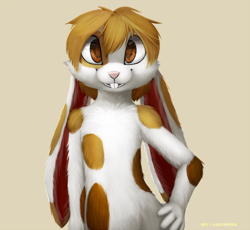 anthro cute fur hair jamesfoxbr lagomorph lapine long_ears looking_at_viewer male mammal open_mouth plain_background rabbit smile solo standing teeth