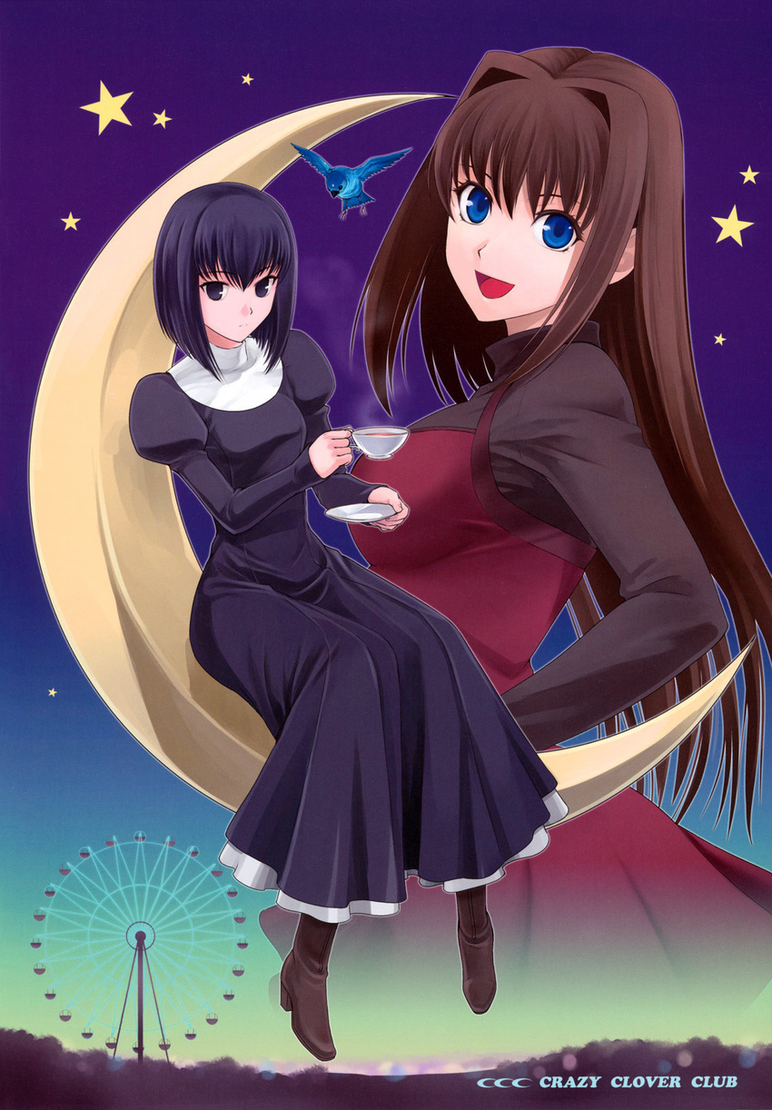 aozaki_aoko bird black_eyes black_hair blue_eyes boots brown_hair crescent_moon cup dress expressionless ferris_wheel hair_intakes highres kuonji_alice long_dress long_hair long_sleeves mahou_tsukai_no_yoru moon multiple_girls projected_inset puffy_long_sleeves puffy_sleeves shirotsumekusa short_hair smile teacup