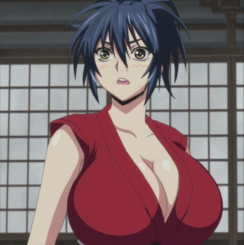 1girl blue_hair blush breasts female huge_breasts manyuu_chifusa manyuu_hikenchou screencap short_hair solo sweat yellow_eyes