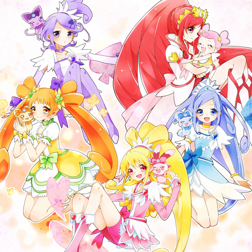 ai-chan_(dokidoki!_precure) aida_mana arm_warmers baby bike_shorts blonde_hair blue_bow blue_eyes blue_hair boots bow bracelet brooch brown_eyes brown_hair bunny cat choker coat creature cure_ace cure_diamond cure_heart cure_rosetta cure_sword curly_hair davi_(dokidoki!_precure) dog dokidoki!_precure double_bun flower green_choker hair_bow hair_flower hair_ornament hair_ribbon half_updo heart heart_hair_ornament highres hishikawa_rikka jewelry kenzaki_makoto knee_boots long_hair madoka_aguri magical_girl multiple_girls nogi_toa_(sorajio) pink_bow pink_footwear pink_hair pink_sleeves ponytail precure purple_choker purple_eyes purple_footwear purple_hair purple_skirt rakeru_(dokidoki!_precure) rance_(dokidoki!_precure) red_eyes red_hair ribbon sharuru_(dokidoki!_precure) short_hair shorts shorts_under_skirt side_ponytail skirt smile spade_(shape) spade_hair_ornament twintails wrist_cuffs yotsuba_alice