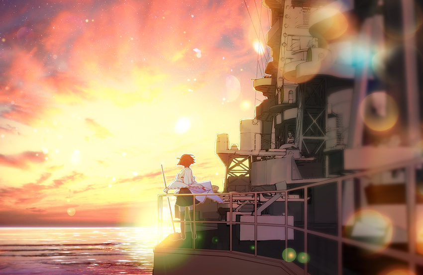 battleship blurry bokeh brown_hair commentary depth_of_field detached_sleeves hairband hiei_(kantai_collection) highres japanese_clothes kantai_collection lens_flare machinery military military_vehicle nontraditional_miko ocean saki_(little_crown) ship short_hair solo sunset thighhighs warship watercraft wide_sleeves