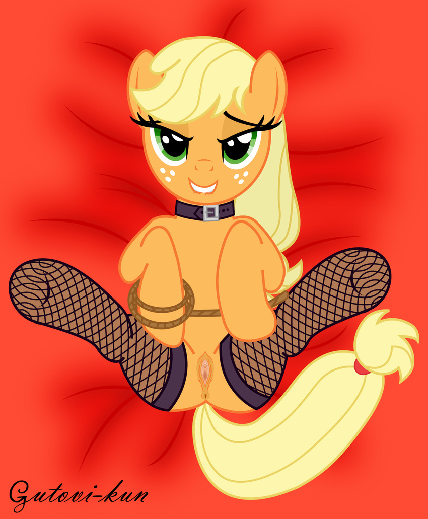 applejack_(mlp) blonde_hair clothing collar equine female feral fishnet freckles friendship_is_magic fur green_eyes gutovi-kun hair horse legwear long_hair looking_at_viewer lying mammal my_little_pony on_back open_mouth orange_fur pony pussy rope smile solo spread_legs spreading stockings
