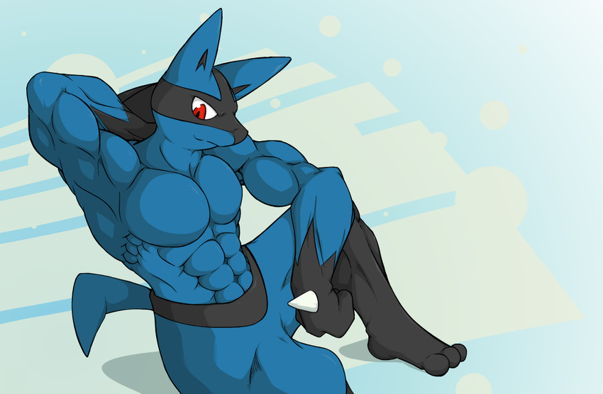anthro arm_behind_head beefcake biceps blue_body canine clothed clothing flexing grin half-dressed horn invalid_tag lucario male mammal muscles nintendo pecs pok&#233;mon pok&eacute;mon pose red_eyes sitting smile solo toned topless video_games waddledox